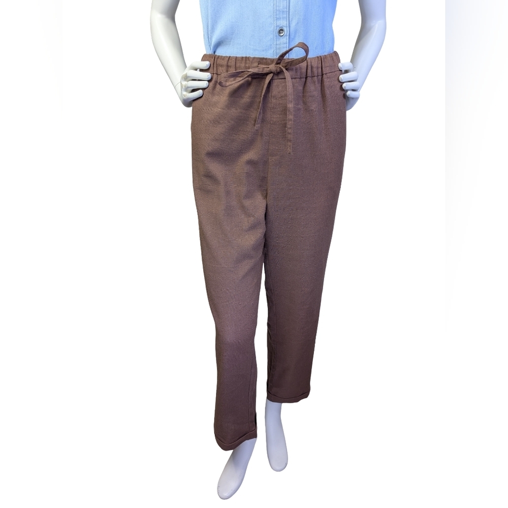 Hannah Canvas 100% Linen Brown Pants |  Elastic Waist Straight Leg | XL